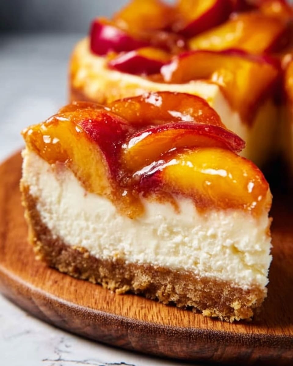 A slice of cheesecake sits on a wooden board, showing three main layers: a thick, brown crumbly crust at the bottom, a thick creamy white cheesecake filling in the middle, and a glossy layer of peach slices with a shiny syrup on top. The peach slices have a mix of orange and red colors, arranged neatly in a curved pattern, and the syrup adds a glossy texture that makes the peaches look juicy. The background is a soft blur with warm colors, giving a cozy feeling. photo taken with an iphone --ar 4:5 --v 7
