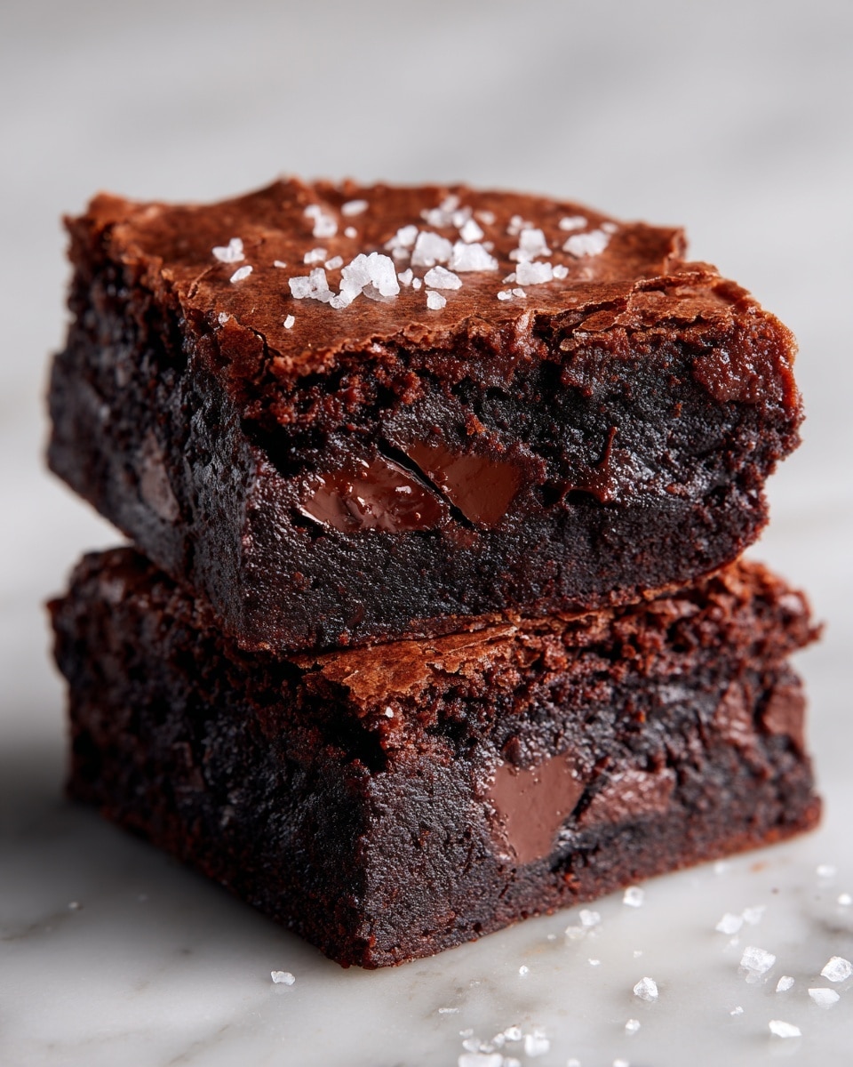 The image shows two thick, dark brown brownies stacked on top of each other, each with a moist and dense texture filled with shiny chocolate chunks. The top brownie is sprinkled with large grains of white sea salt, creating a contrast against the rich chocolate color. The edges of the brownies are slightly crumbly while the inside looks soft and fudgy. The background is a white marbled surface, giving a clean and bright setting. Photo taken with an iphone --ar 4:5 --v 7