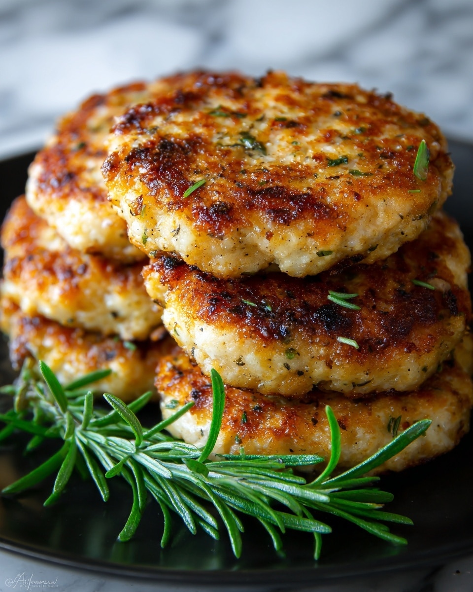 The image shows a close-up of four golden-brown chicken patties with a crispy, slightly charred surface full of herbs and spices. The patties have a rough texture and are stacked close together on a white plate, which is placed on a white marbled surface. Fresh rosemary sprigs are visible next to the patties, adding a touch of green color to the warm tones of the chicken. photo taken with an iphone --ar 4:5 --v 7