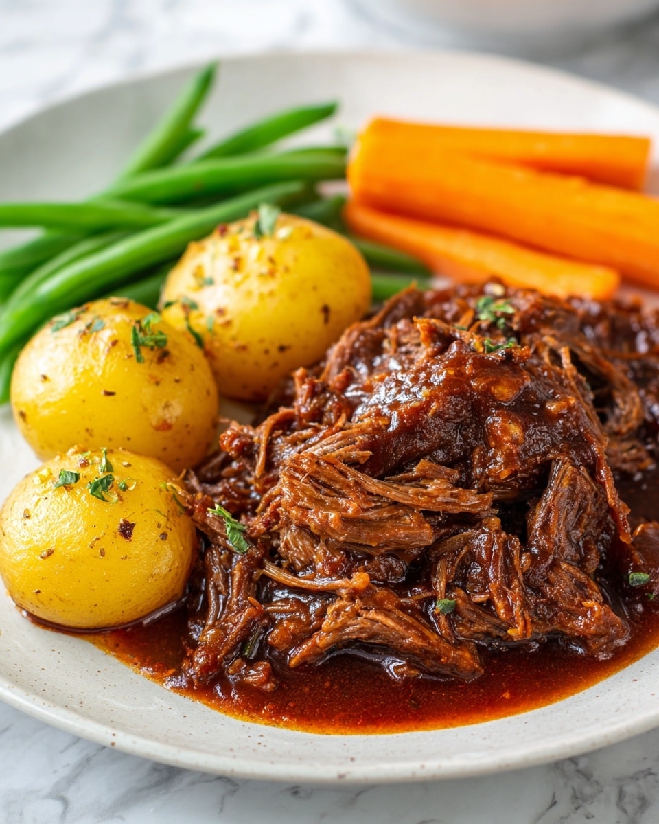 The image shows a close-up of a white plate filled with a serving of dark brown shredded beef covered in a rich, glossy sauce with small bits of herbs and spices visible. To the left of the beef, there are three small golden-yellow potatoes with a slightly shiny, textured skin. Above the potatoes, a small bunch of green beans and bright orange carrot sticks add vibrant colors to the plate. The food is placed on a white marbled surface. Photo taken with an iphone --ar 4:5 --v 7