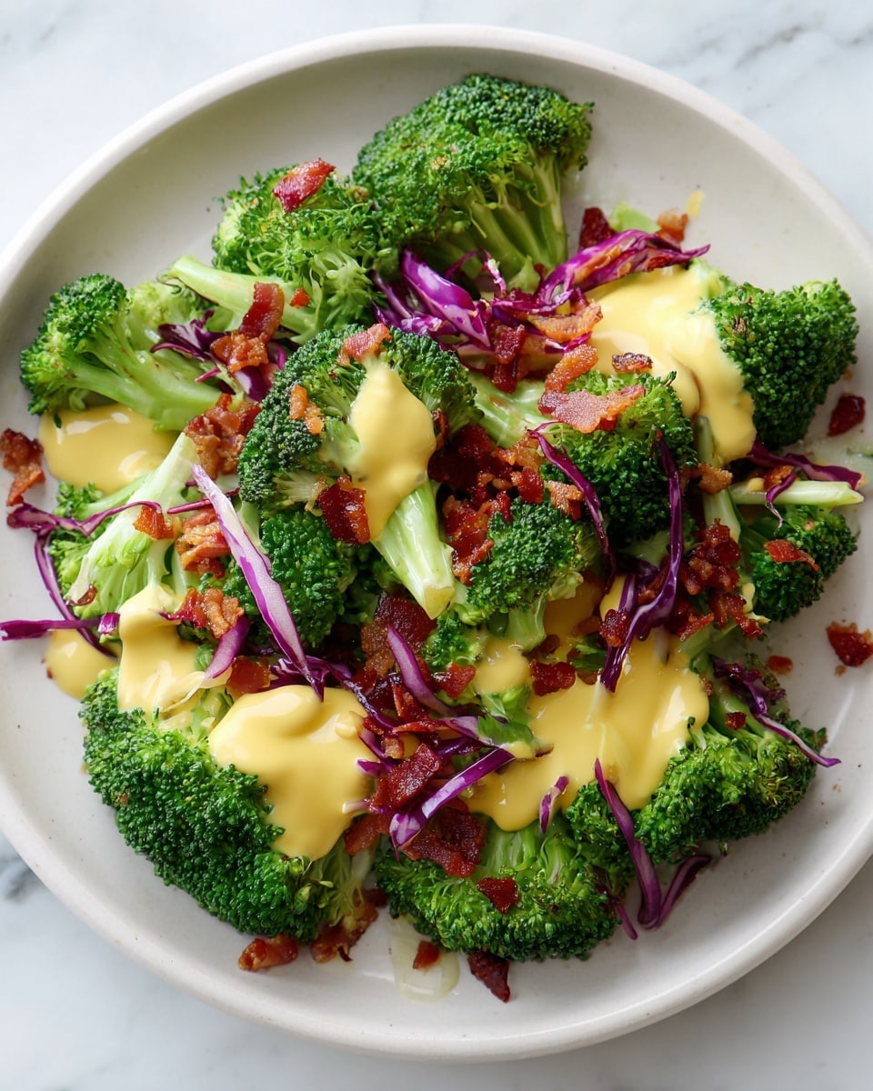 The image shows a close-up of a white plate filled with fresh broccoli florets that are bright green and have a slightly rough texture. On top of the broccoli, there is a smooth, creamy yellow sauce drizzled unevenly. Scattered around and over the broccoli are small pieces of crispy, red-brown bacon and some thin slices of what looks like red onion. There are also tiny bits of purple cabbage adding a pop of color and texture. The plate sits on a white marbled surface. Photo taken with an iphone --ar 4:5 --v 7