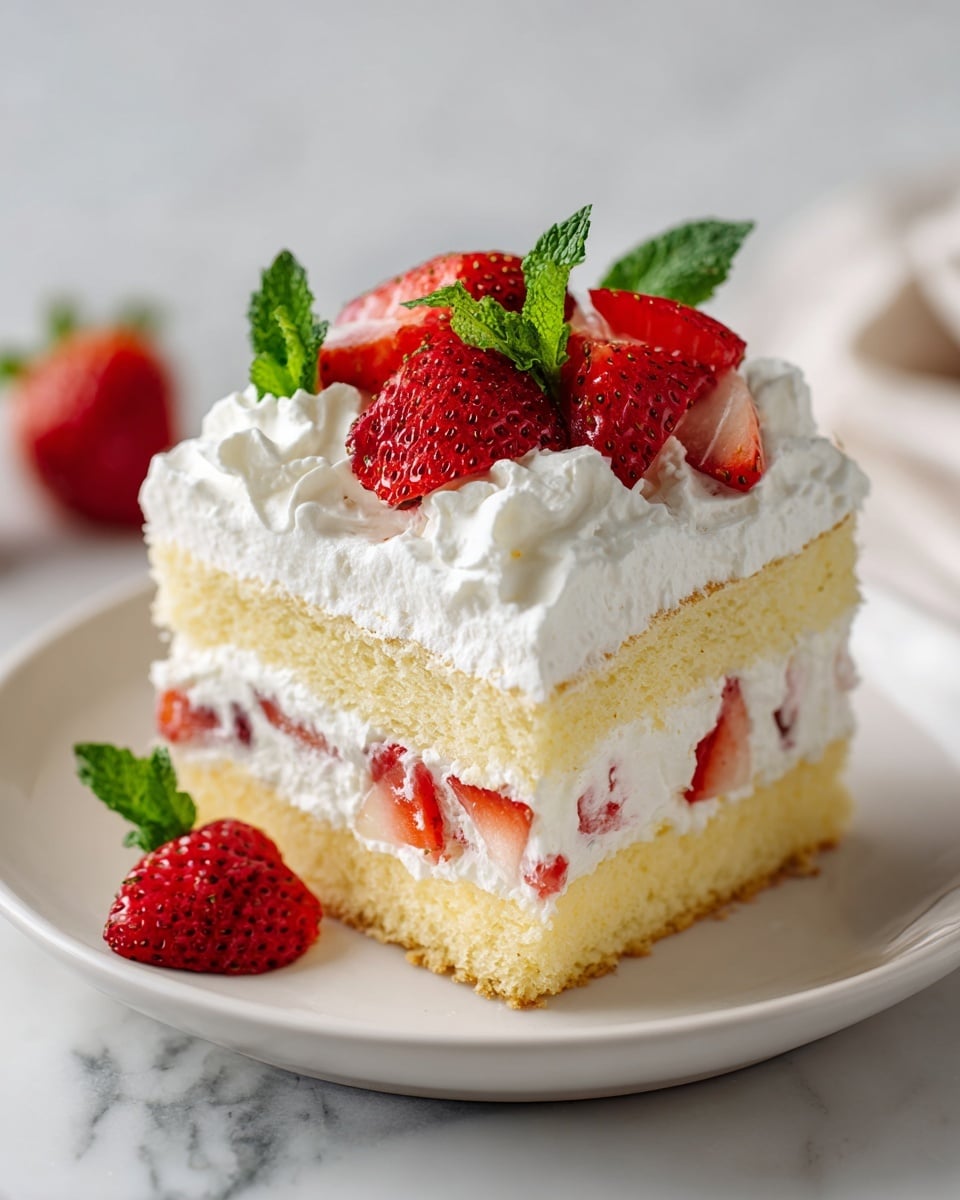 A square piece of layered dessert sits on a white plate over a white marbled surface, showing three distinct layers: a light yellow sponge cake base, a thick middle layer of white creamy filling with pieces of red strawberries, and a top layer of whipped cream decorated with whole strawberries and green mint leaves. The whipped cream looks soft and fluffy, and the strawberries add bright red color and fresh texture. Photo taken with an iphone --ar 4:5 --v 7