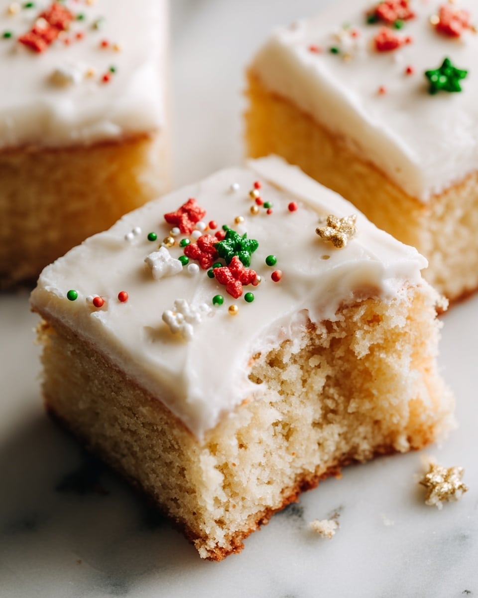 The image shows close-up pieces of a cake with two layers. The bottom layer is a soft, light beige cake base with a slightly crumbly texture. The top layer is thick white icing, smooth and creamy, covering the entire top of the cake. There are small colorful sprinkles scattered on the icing, including red, green, and gold shapes. One piece is slightly bitten, revealing the soft inside cake layer and the creamy frosting. The cakes are placed on a white marbled surface. photo taken with an iphone --ar 4:5 --v 7
