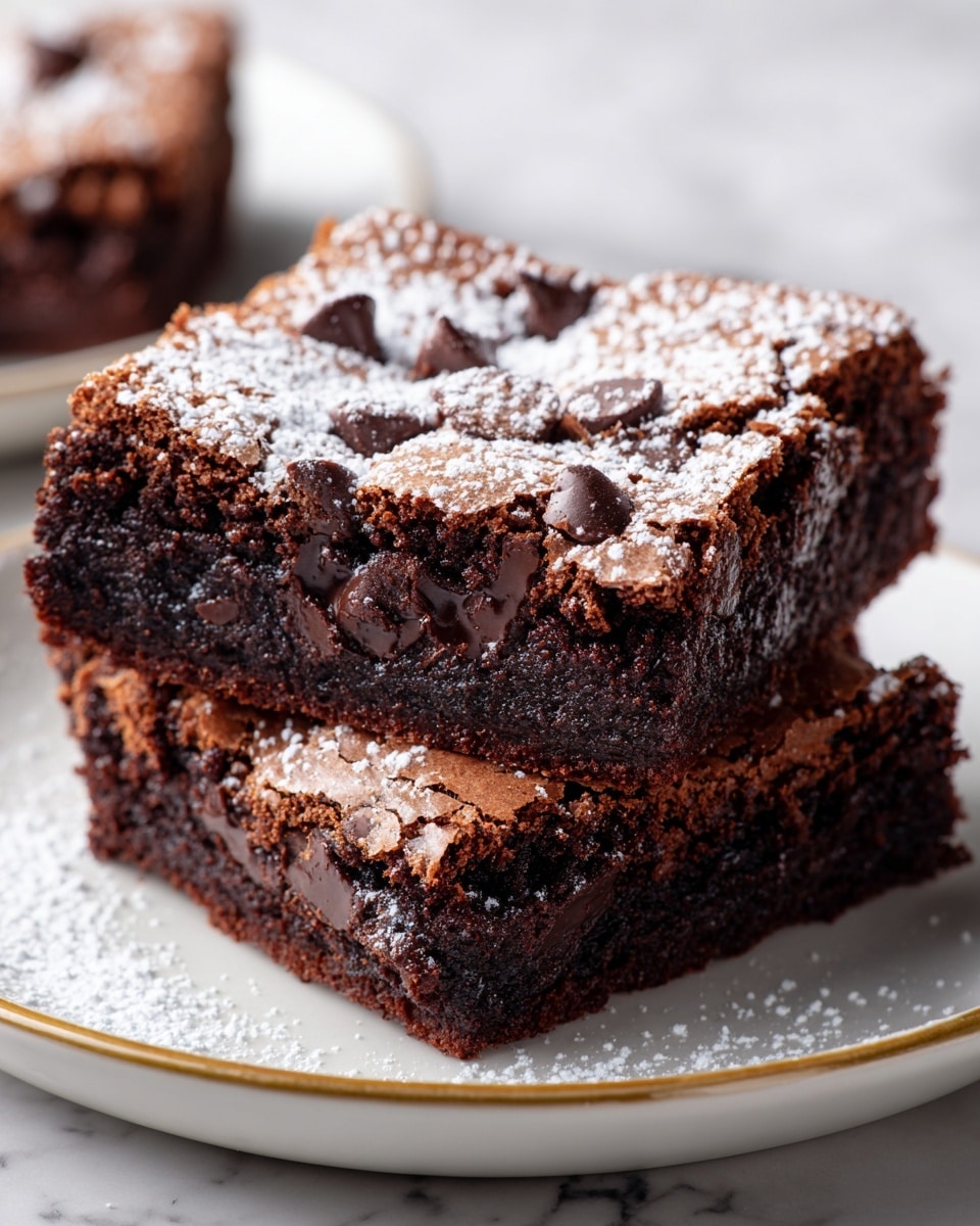A close-up view of a thick, square chocolate brownie placed on a white plate with a golden edge, sitting on a white marbled surface. The brownie has two visible layers: the bottom layer is dense, dark brown, and fudgy with a moist texture, while the top layer is lighter brown, slightly crispy, and cracked with a few glossy melted chocolate chips scattered on top. There is a light dusting of powdered sugar near the center of the brownie, adding a soft white contrast to the rich chocolate colors. Photo taken with an iphone --ar 4:5 --v 7
