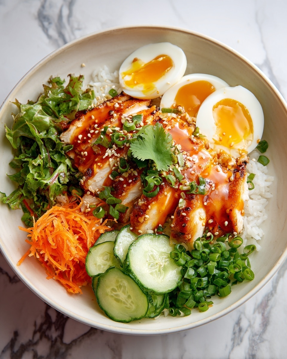 The dish is served in a white bowl with a white marbled background, and it has multiple colorful layers. The bottom layer is white rice with soft, slightly sticky texture. On top of the rice, there is a sliced, grilled chicken breast covered in a shiny, reddish-orange sauce with a rich texture, sprinkled with toasted sesame seeds and fresh chopped green onions. To one side, there are chopped leafy greens and bright orange shredded carrots adding fresh crunch. On another side, neatly sliced cucumber rounds are arranged in a row. Near the top center, two halves of a soft-boiled egg are placed, showing a golden, runny yolk. The dish is garnished with a sprig of fresh cilantro to add a touch of green freshness. Photo taken with an iphone --ar 4:5 --v 7