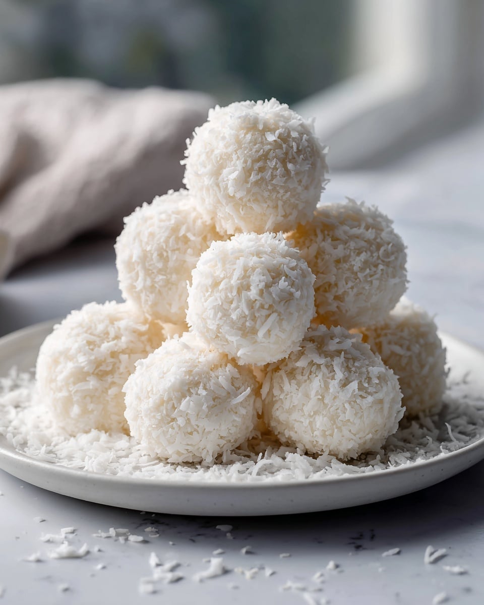 A pile of round white coconut balls is stacked on a white plate, arranged in three layers; the bottom layer has about six balls, the middle layer about three, and one ball sits on top, all covered in shredded coconut flakes that give a rough, snowy texture. Some loose coconut flakes are scattered around the base on the plate, which rests on a white marbled surface in soft natural light from a window in the background, adding a clean and fresh look to the image. photo taken with an iphone --ar 4:5 --v 7