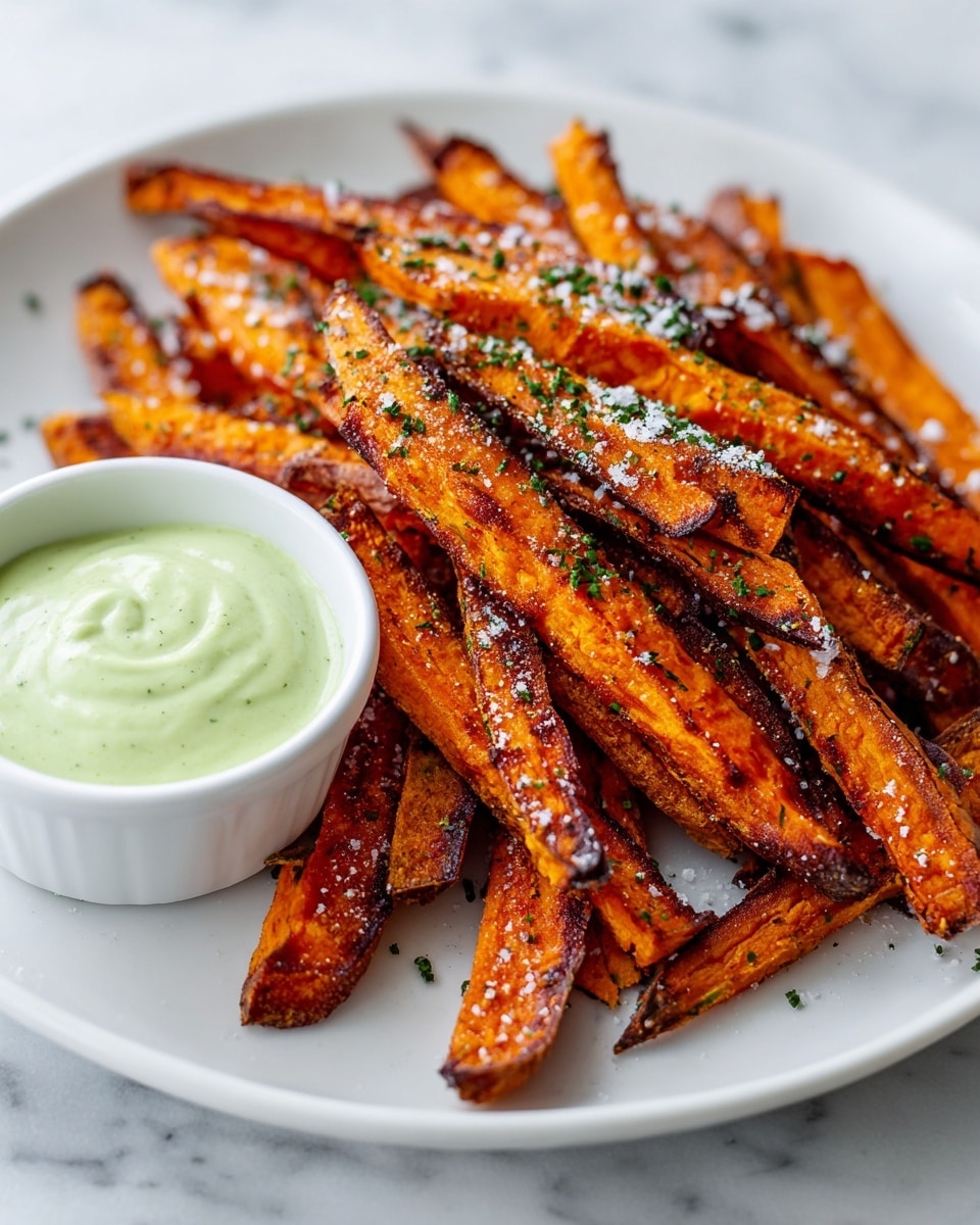 A white round plate filled with thick, crispy sweet potato fries arranged in a loose pile. The fries have a deep orange color with dark roasted edges, sprinkled with coarse salt and small green herb bits. On the left side of the plate, there is a small white round bowl filled with smooth, creamy pale green dipping sauce. The plate is set on a white marbled surface. photo taken with an iphone --ar 4:5 --v 7