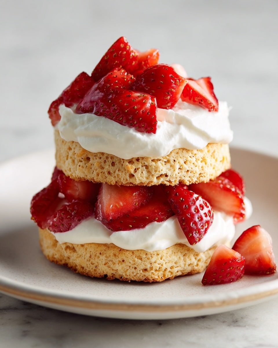 The image shows a two-layer strawberry shortcake served on a white plate, placed on a white marbled surface. The bottom layer is a golden biscuit with a crumbly texture. On top of this biscuit is a thick layer of white whipped cream with soft peaks. Sliced red strawberries are scattered over the whipped cream, adding bright color. The second biscuit layer, similar in color and texture to the first, sits on the strawberries. More white whipped cream is spread on this second biscuit, and whole and sliced strawberries cover the top, creating a fresh and juicy look. Photo taken with an iphone --ar 4:5 --v 7