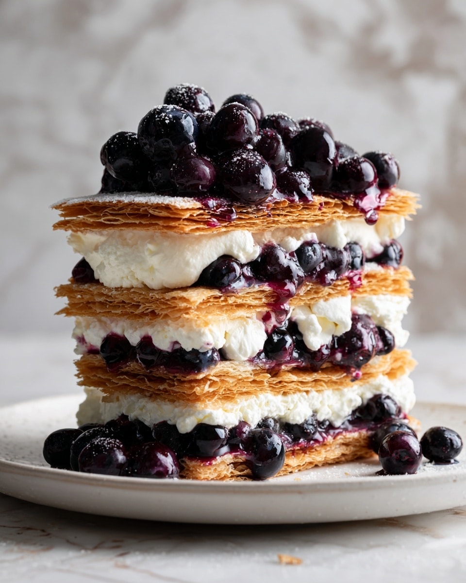 A tall stack of four layered dessert squares is pictured on a white plate, placed on a white marbled surface. Each layer starts with a golden-brown, crispy-looking square cookie or biscuit base. Between these cookie layers is a thick, fluffy white cream that looks light and soft. Mixed inside and on top of the cream, there are many fresh, plump blueberries, some whole and some slightly bursting, showing their dark blue and purple tones. The top layer is fully covered with blueberries, making the dessert look fresh and fruity. Photo taken with an iphone --ar 4:5 --v 7