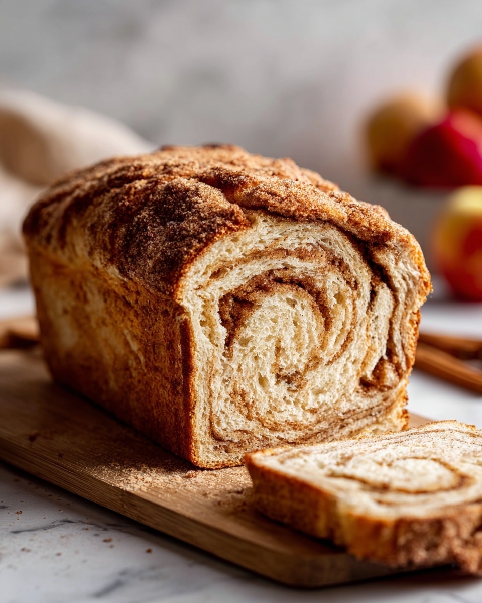 A close-up of a single thick slice of cinnamon swirl bread on a wooden cutting board. The bread has a golden-brown crust with a slightly shiny, sugary top textured with small sugar crystals. Inside, the soft bread shows swirled layers of light beige and darker cinnamon brown, creating a marbled effect. The edges of the slice are fluffy and porous, while the center looks moist and tender. In the blurred background, there are a couple of red apples adding a warm color contrast against a white marbled surface. photo taken with an iphone --ar 4:5 --v 7