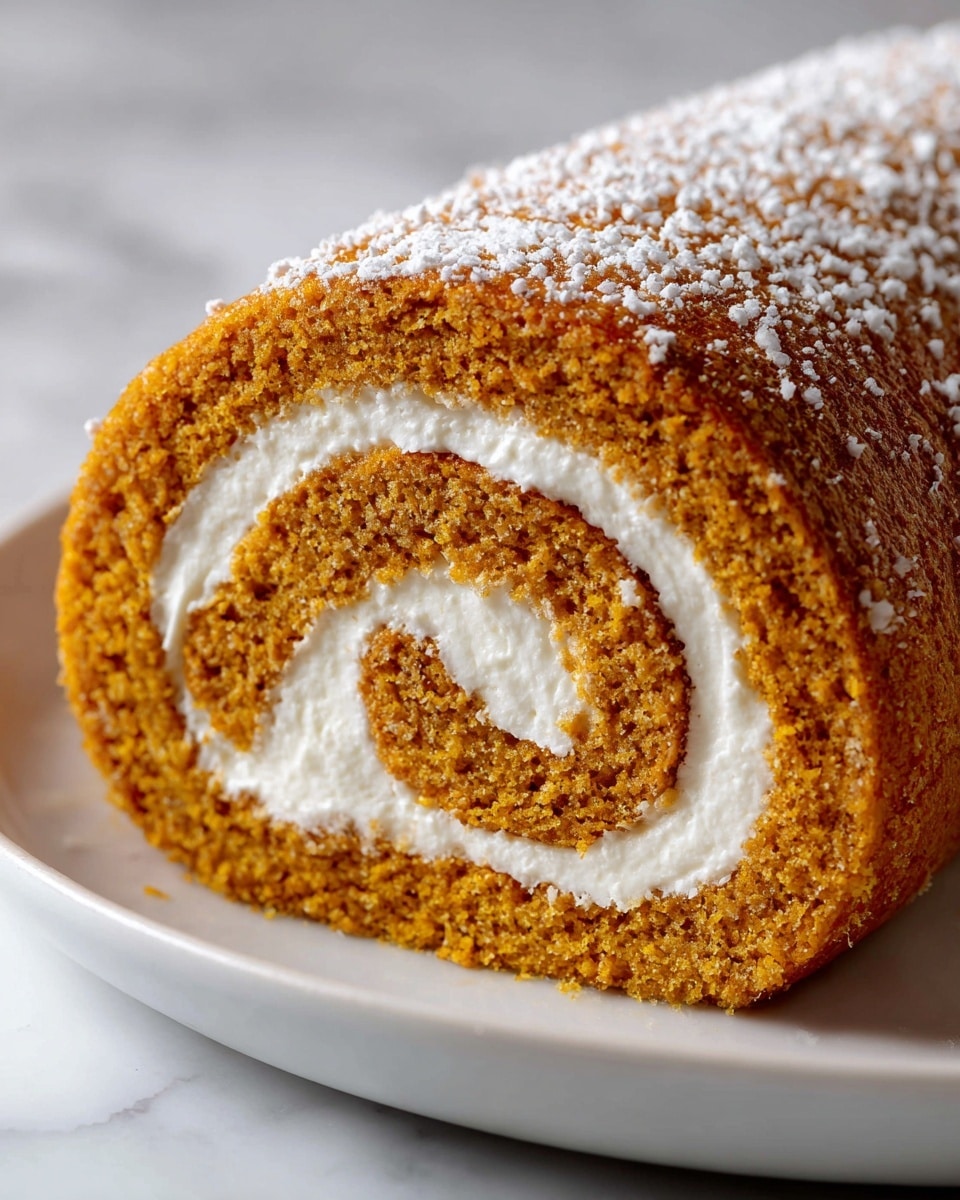 The image shows a rolled cake cut to reveal its inside swirl. The cake's outer layer is a light brown color with a soft, spongy texture, dusted lightly with powdered sugar. Inside, there is one thick layer of creamy white filling spiraled evenly throughout the roll. The cake sits on a simple white plate, placed on a white marbled surface. Photo taken with an iphone --ar 4:5 --v 7