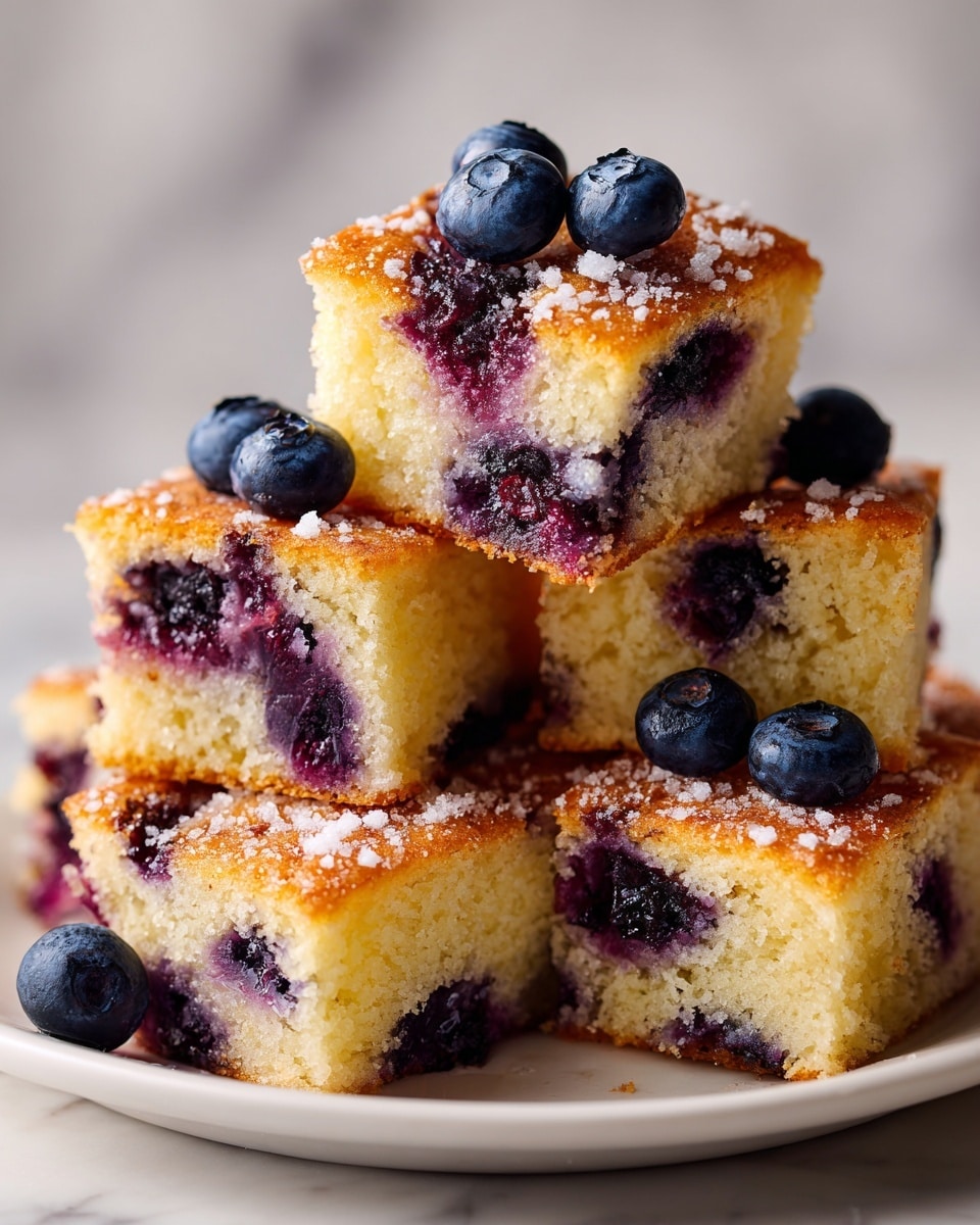 The image shows several square pieces of blueberry cake on a white plate with a dark base. The cake has three layers: a golden-brown top layer with a slightly crispy texture and some sugar sprinkled on top, a middle layer filled with juicy, dark blue blueberries, and a soft, light yellow bottom layer. Some fresh blueberries are scattered on and around the cake pieces. The background has a white marbled texture. photo taken with an iphone --ar 4:5 --v 7