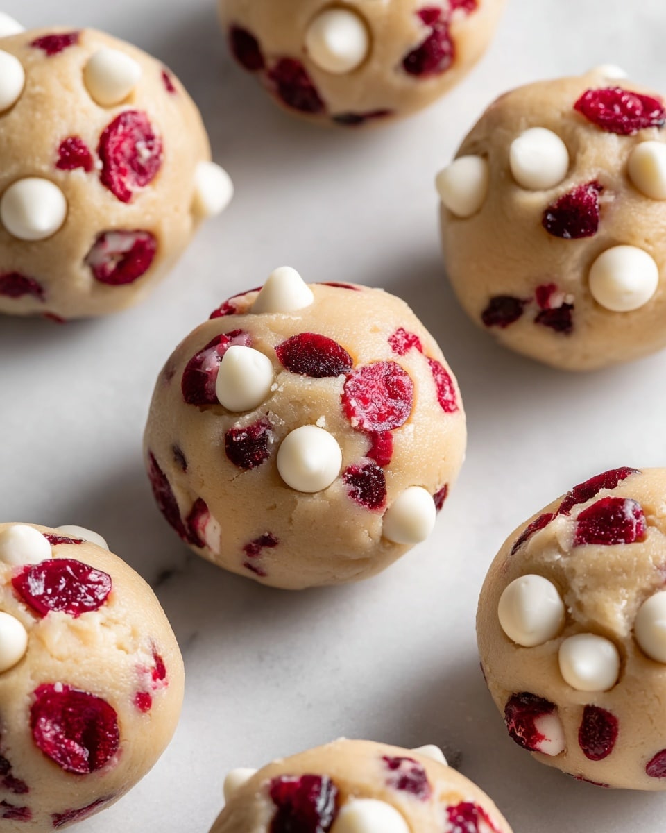 The image shows a close-up of several round cookie dough balls on a white marbled surface. Each dough ball is light tan in color and studded with white chocolate chips and bright red dried cranberries, scattered evenly throughout. The dough texture looks soft and slightly sticky, with the chips and cranberries sitting on and slightly inside the surface of each ball. The background is softly blurred to keep the focus on the dough balls. photo taken with an iphone --ar 4:5 --v 7