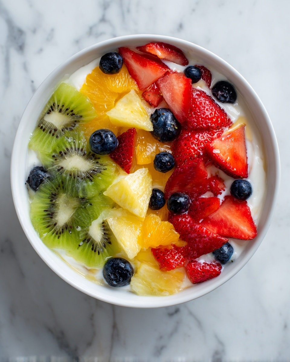 A clear white bowl filled with a creamy white base, topped with a colorful mix of fresh fruit pieces arranged in layers: bright red strawberry halves, small green kiwi slices, yellow pineapple chunks, and scattered dark blue blueberries, all sitting on a white marbled surface. Photo taken with an iphone --ar 4:5 --v 7