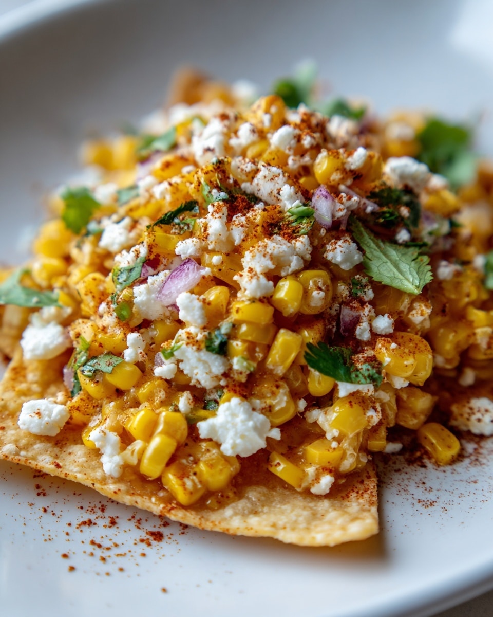 The image shows a white round plate holding a serving of loaded nacho chips. At the base, there are three yellow, triangular nacho chips slightly overlapping each other. On top of the chips is a thick layer of yellow corn kernels mixed with small, chopped pieces of red onion. Scattered on this layer are crumbly white cheese bits and fresh green cilantro leaves. The dish is sprinkled with a reddish spice powder across the top, adding a hint of color contrast. The plate is set against a white marbled surface. Photo taken with an iphone --ar 4:5 --v 7