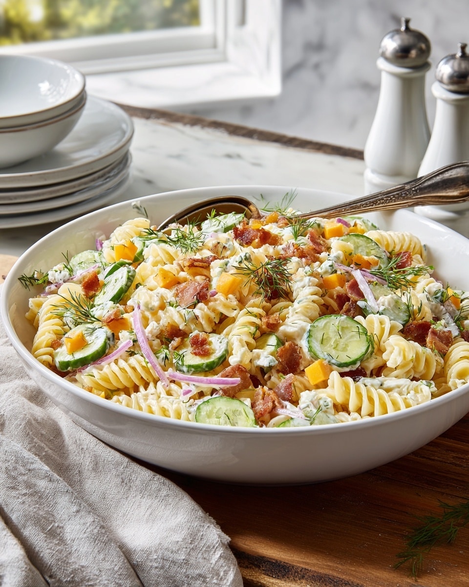 A large white bowl filled with a colorful dill pickle bacon pasta salad sits on a wooden table near a window. The salad has three main layers: at the bottom, there is a bed of curly fusilli pasta in pale yellow with visible creamy dressing; scattered on top are bright green pickle slices and cucumber rounds, orange cheddar cheese cubes, small crispy pieces of brownish-red bacon, and tiny bits of purple-red onion. Fresh dill sprigs are sprinkled all over, adding green flecks and texture. A silver spoon rests inside the bowl. In the background, there are stacked white bowls, a salt shaker, and a pepper shaker on the rustic wooden table. The scene is softly lit by daylight coming from the window, with a white marbled surface visible under the table edges. Photo taken with an iphone --ar 4:5 --v 7