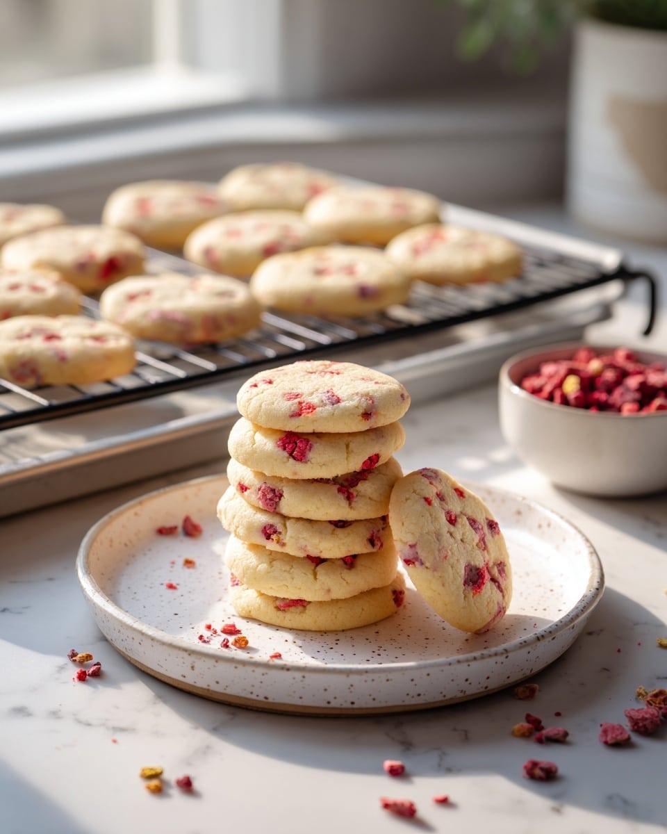 The image shows a soft brown plate filled with seven round cookies, each light beige with small red strawberry pieces inside, arranged in a slight pile. Near the plate on a white marbled surface are crumbs and a small white bowl filled with red dried strawberry bits. Behind, a white cooling rack holds a dozen similar cookies spaced evenly. To the right, a baking tray lined with parchment paper rests on the surface. The background includes a window with daylight shining in, creating a bright, natural setting. The scene feels warm and inviting, highlighting the cookies' soft texture and strawberry bits. photo taken with an iphone --ar 4:5 --v 7