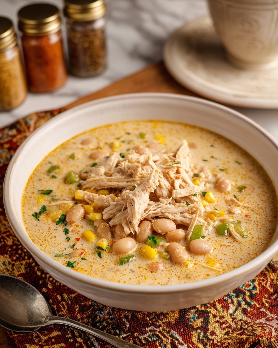 A white bowl filled with Mediterranean white chicken chili sits on a wooden table with a white marbled texture in the background. The chili has several visible layers: a creamy light yellow broth base, scattered with light beige white beans, bright yellow corn kernels, small chunks of green vegetables, tender shredded white chicken pieces on top, and small bits of chopped green herbs sprinkled throughout. The bowl is accompanied by a silver spoon resting on a black and white patterned cloth napkin to the right. In the background, there is a white mug with dark coffee and some spice jars slightly out of focus. Photo taken with an iphone --ar 4:5 --v 7