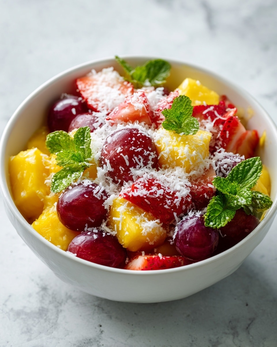 The image shows a close-up of a white bowl filled with a colorful fruit salad. The first layer is made up of large, juicy yellow mango chunks that have a soft texture. Scattered on top of the mango are whole deep red grapes with a smooth, shiny skin. The next layer includes sliced bright red strawberries with their seeds visible and a slightly glossy surface. Shredded white coconut flakes are sprinkled evenly over the fruit, adding a light, fluffy texture. Small green mint leaves are placed on the top, providing a fresh, leafy contrast to the fruit's vibrant colors. The bowl sits on a surface with a white marbled texture. photo taken with an iphone --ar 4:5 --v 7