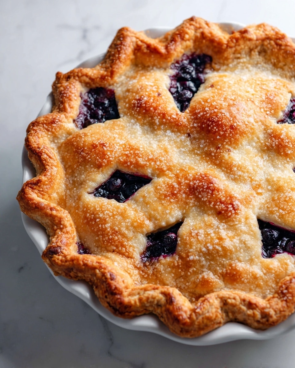 A close-up of a freshly baked pie with a golden brown, flaky crust. The crust has a crimped edge all around and eight cut-out triangular shapes in the center that reveal a deep blue filling, likely blueberry, bubbling slightly beneath the surface. The surface of the crust is sprinkled with granulated sugar that sparkles lightly in the light. The pie rests on a white ceramic pie dish against a white marbled background. photo taken with an iphone --ar 4:5 --v 7