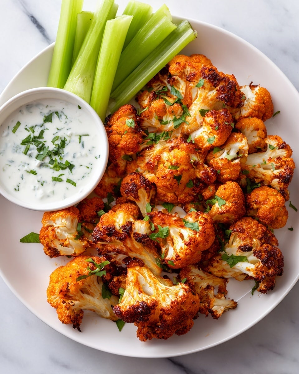 The image shows a white plate filled with several pieces of roasted cauliflower, each piece coated in a bright orange sauce with a slightly crispy, charred texture on the edges, sprinkled with small green herb bits. On one side of the plate, there is a small white bowl containing a creamy white dipping sauce with tiny green herb pieces floating on top. Next to the bowl, fresh green celery sticks are neatly arranged. The whole setting is placed on a white marbled surface, giving a clean and fresh look. photo taken with an iphone --ar 4:5 --v 7