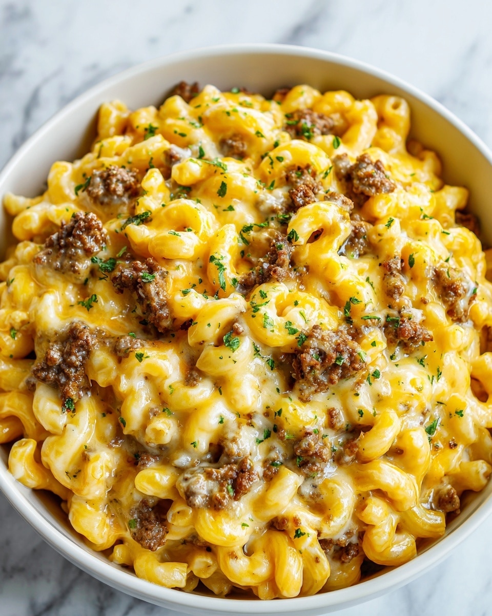A close-up shot of a creamy macaroni and beef dish in a white bowl, filled with one main layer of elbow macaroni pasta coated in a smooth, golden-yellow cheese sauce mixed with evenly distributed crumbled ground beef in rich brown. Small bits of chopped green herbs are sprinkled evenly on top, adding a pop of fresh color to the dish. The surface beneath the bowl shows a white marbled texture, enhancing the warm tones of the food. photo taken with an iphone --ar 4:5 --v 7
