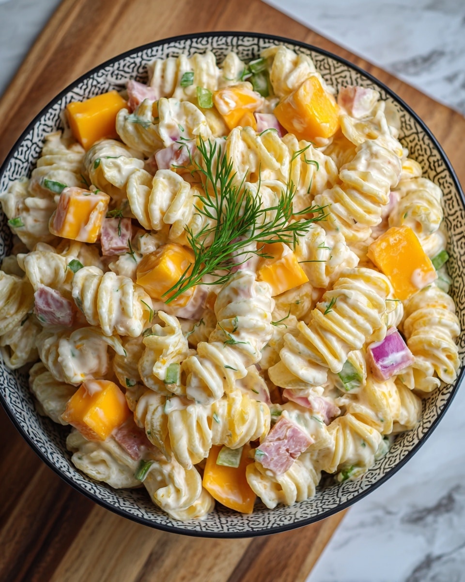 The image shows a bowl filled with creamy pasta salad made of shell-shaped pasta coated in a light white sauce. Mixed in are bright yellow cheese cubes, dark red bacon bits, and green pickle slices, adding color and texture. On top, a small bunch of fresh green dill rests, giving a fresh look. The bowl is white inside with a black and white patterned rim and a smooth orange outside with a subtle diamond pattern. The bowl sits on a white marbled surface with part of a wooden board and other food items softly visible in the background. photo taken with an iphone --ar 4:5 --v 7