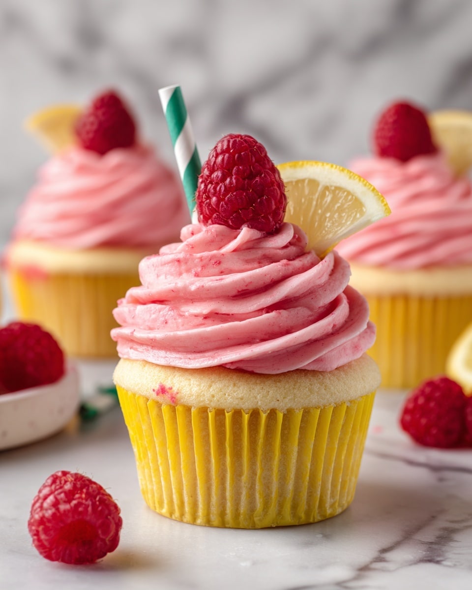 A single cupcake sits in the center with three visible layers: at the bottom, a light yellow cake base wrapped in a bright yellow paper liner with a ridged texture; above it, a thick swirl of pink frosting with a smooth, slightly airy texture and small holes, piped in a circular pattern; and on top, a fresh red raspberry placed upright. A green and white striped straw leans against the frosting, and a small lemon wedge is placed beside it. More cupcakes with similar layers and toppings appear blurred in the background, all resting on a white marbled surface. photo taken with an iphone --ar 4:5 --v 7