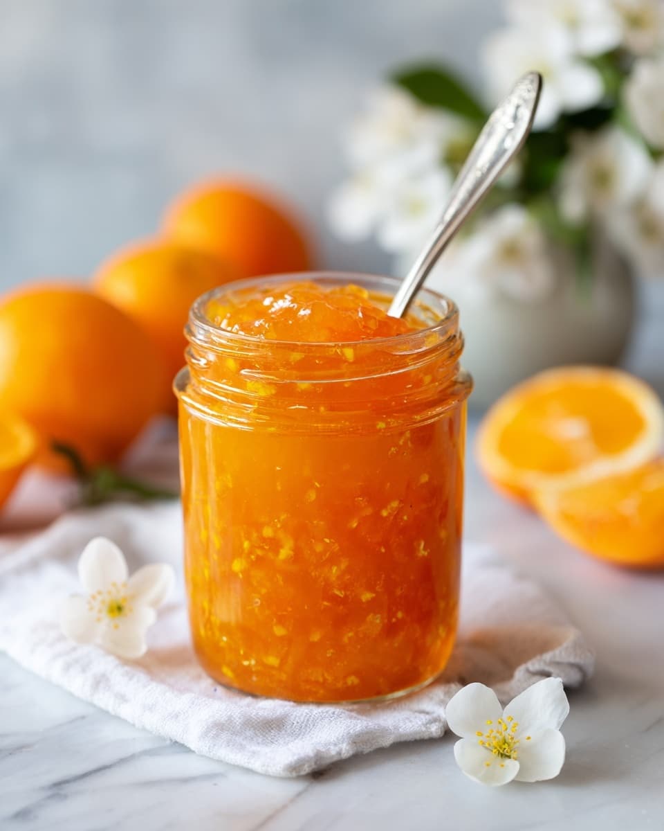 A small clear glass jar filled to the top with thick, chunky apricot jam that has a shiny, sticky texture and a golden orange color. The jam shows visible bits of fruit throughout, creating an uneven, slightly lumpy surface on top, with light reflecting off the glossy finish. The jar is placed on a white cloth napkin on a white marbled surface, and a small silver spoon lies beside it in the foreground. The background is softly blurred with hints of whole and halved apricots and some white flowers with yellow centers. Photo taken with an iphone --ar 4:5 --v 7