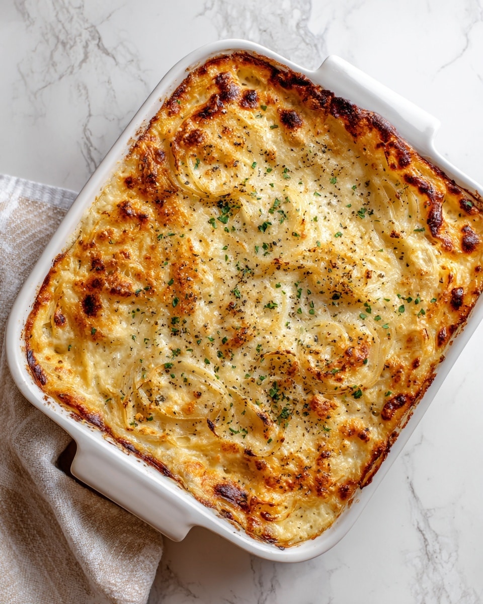 A white baking dish filled with a baked casserole showing a golden-brown top layer with melted cheese and browned, caramelized onion slices scattered across the surface. The cheese looks bubbly and slightly crispy at the edges, with green herb bits sprinkled evenly on top, adding small green patches across the creamy, textured surface. The sides of the casserole are browned and crispy, contrasting with the soft, gooey center. The dish is placed on a white marbled texture with a cloth napkin visible in the corner. Photo taken with an iphone --ar 4:5 --v 7