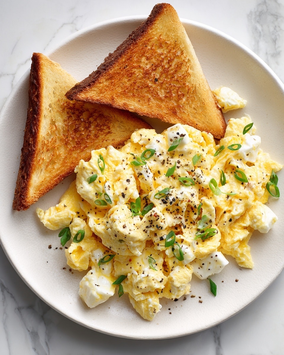 A white plate with a serving of fluffy scrambled eggs, soft and yellow with small white curds mixed in, sprinkled lightly with black pepper and garnished with small green chive pieces on top. Two slices of golden brown toasted bread rest on the side of the plate. The plate is placed on a white marbled surface, showing a bright and fresh meal. photo taken with an iphone --ar 4:5 --v 7