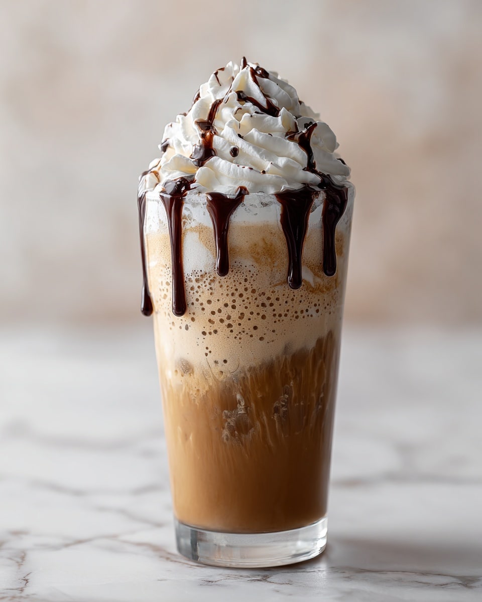 The image shows a tall clear glass filled with a light brown, frothy iced coffee drink. The drink is topped with a generous swirl of white whipped cream that has smooth, soft waves. Dark chocolate syrup is drizzled over the whipped cream, creating thin, glossy lines that drip slightly down the side of the glass. The glass is set on a white marbled surface with soft light reflections and some small dark coffee bits scattered around. Photo taken with an iphone --ar 4:5 --v 7