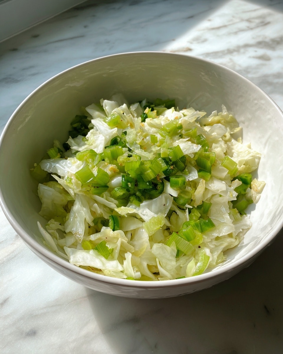 A white bowl filled with a mound of finely shredded pale green cabbage as the base layer. Mixed within the cabbage are small, diced bright green pieces of jalapeño peppers scattered evenly throughout, adding pops of vivid color. The cabbage looks slightly wet with a light shine, suggesting it is dressed or pickled. The bowl sits on a white marbled surface with soft natural light coming from the right side, giving the dish a fresh and vibrant appearance. Photo taken with an iphone --ar 4:5 --v 7