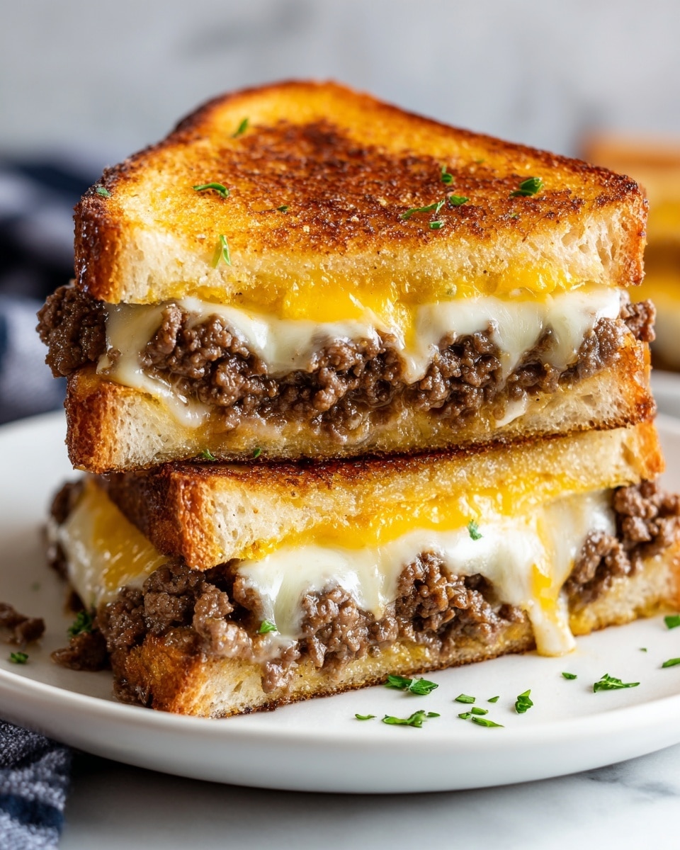 A close-up of two stacked grilled sandwiches on a white plate, each sandwich made of three layers: lightly toasted golden brown bread on top and bottom with visible crisp edges, and in between, a thick layer of juicy browned ground beef mixed with melted white and orange cheddar cheese oozing out slightly, garnished with small bits of green herbs sprinkled on top and around the plate, all set on a white marbled surface in a kitchen setting. photo taken with an iphone --ar 4:5 --v 7