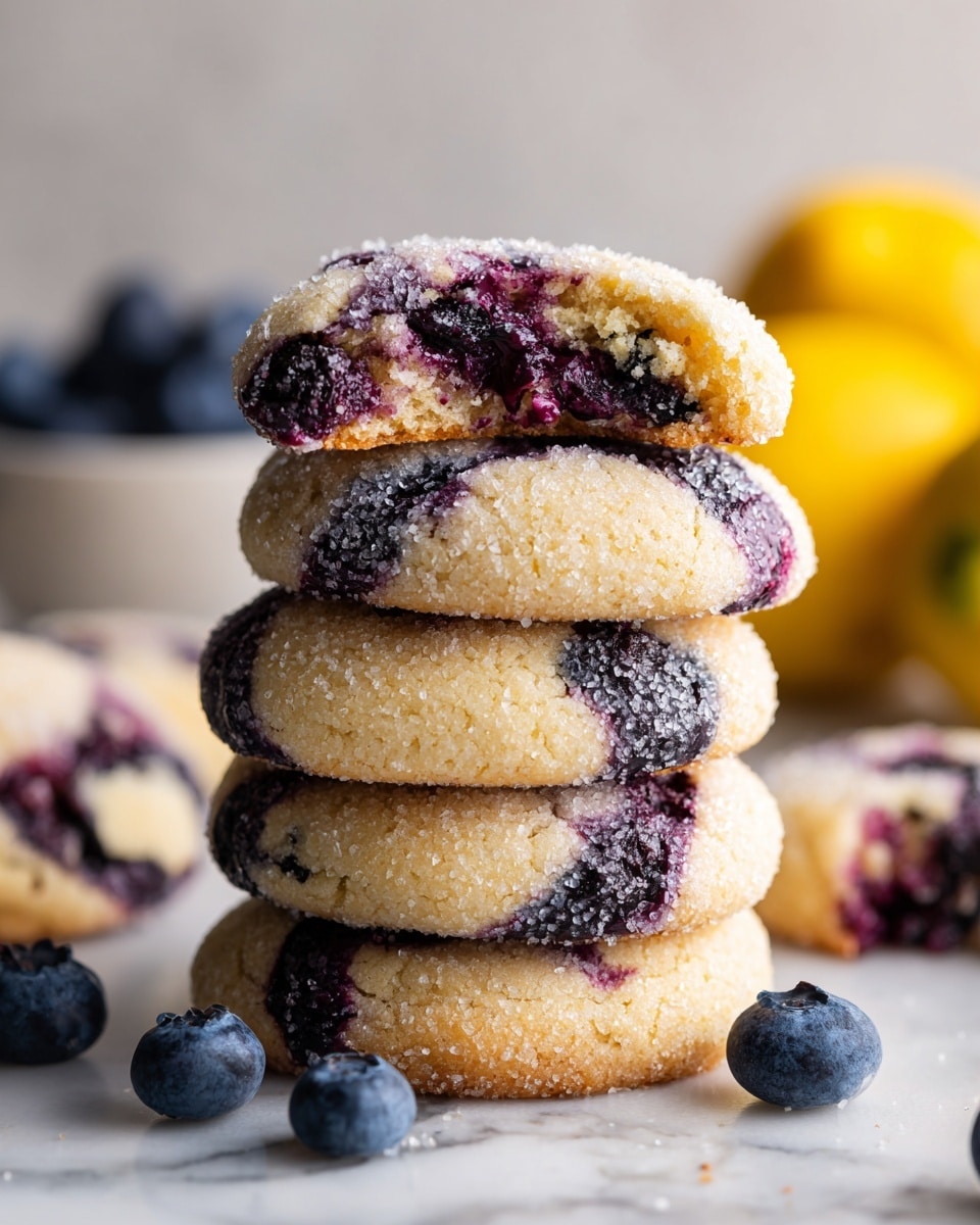 A stack of round blueberry cookies sits on a white marbled surface, with soft, slightly golden edges and a thick, crumbly texture. The cookies have a marbled pattern of light cream dough swirled with deep purple-blue blueberries, some whole and some slightly burst, creating dark spots and juicy areas. The top cookie is broken in half, revealing a dense, moist off-white center with embedded blueberries inside. Around the cookies, whole fresh blueberries are scattered, and blurred yellow lemons and a bowl of blueberries appear softly in the background. photo taken with an iphone --ar 4:5 --v 7