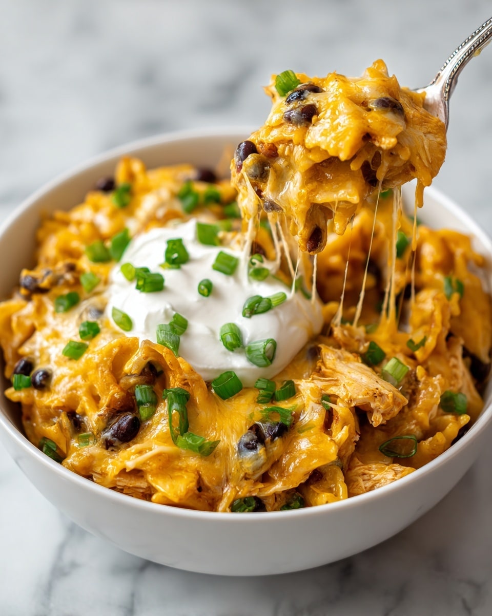 A close-up view of a black bowl filled with a layered dish featuring a melted yellow cheese base with some green onion pieces on top. There is a white dollop of sour cream in the center, surrounded by a mixture of shredded cooked chicken and black beans, giving a mix of light brown, black, and a slightly creamy texture. Above the bowl, a spoon held by a woman's hand scoops up a generous portion of shredded chicken, black beans, cheese, and a bit of sauce, showing rich textures and colors against a softly blurred white marbled background. Photo taken with an iphone --ar 4:5 --v 7