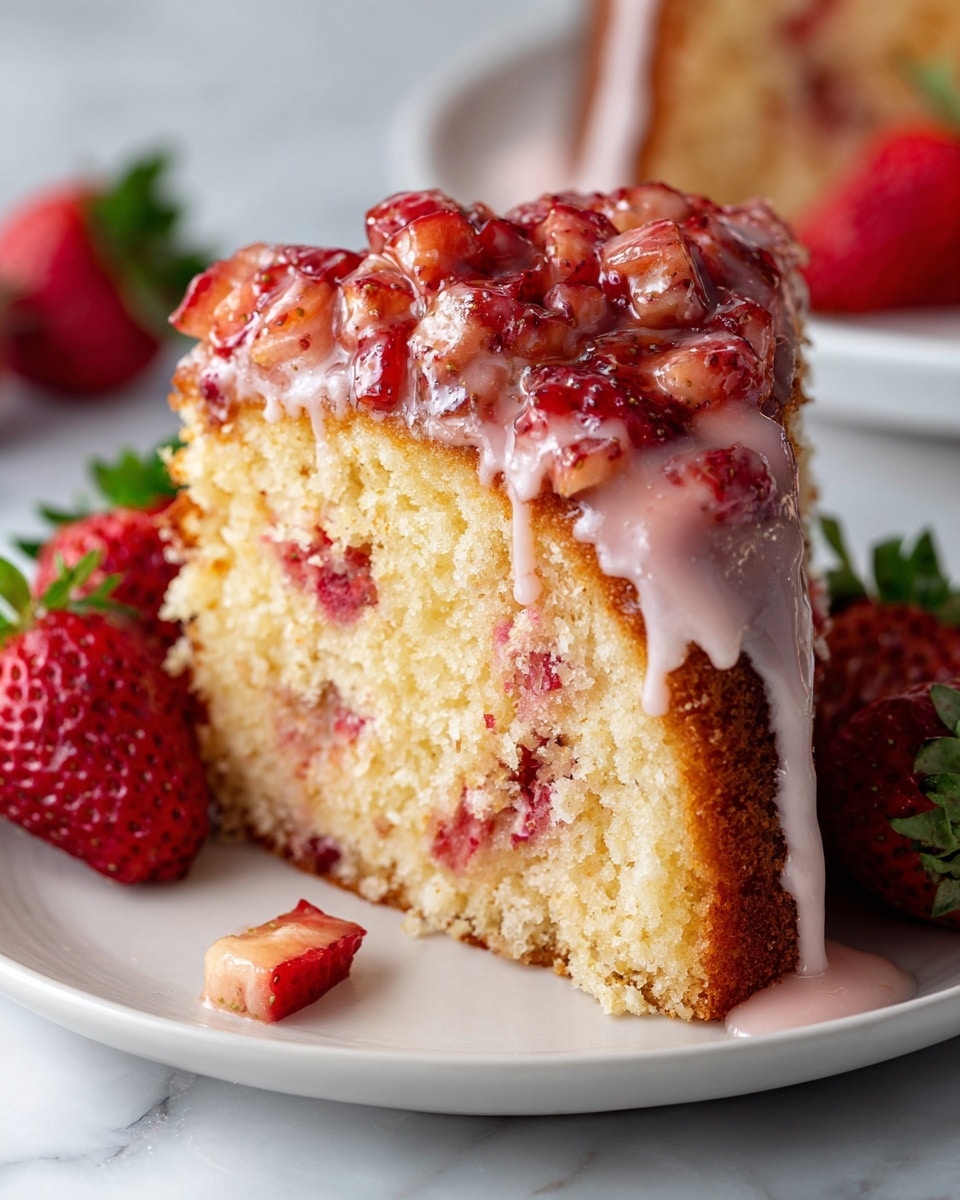 A loaf cake is shown on a white plate set on a white marbled surface. The cake has two visible layers: the base layer is a golden brown, soft, and moist crumb with small red strawberry pieces baked inside. The top layer is covered with chopped fresh strawberries that are vivid red with tiny yellow seeds, all coated in a glossy light pink glaze that drips slightly down the sides. A slice is cut and placed in front of the loaf, showing the moist interior with strawberries and pink drizzle on top. A few whole strawberries rest on the plate beside the cake. photo taken with an iphone --ar 4:5 --v 7