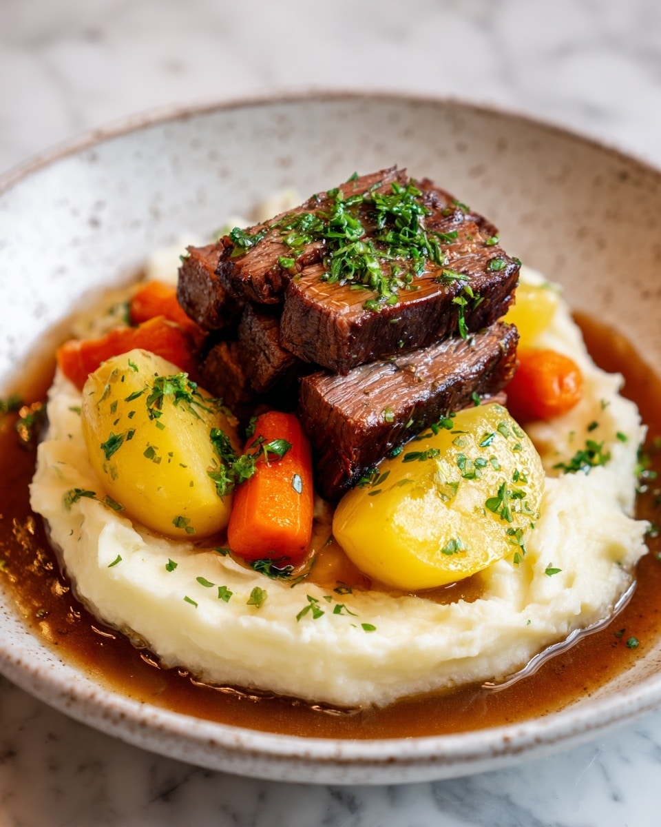 A white bowl filled with two main layers: one half has smooth, creamy mashed potatoes in a pale yellow color with a few small peaks and swirls, sprinkled with black pepper and tiny green herb leaves; the other half has a rich, dark brown beef stew with chunky beef pieces, bright orange carrot segments, and small round mushrooms, all coated in a thick glossy sauce and topped with chopped green herbs. The bowl sits on a soft gray cloth over a white marbled textured surface. photo taken with an iphone --ar 4:5 --v 7