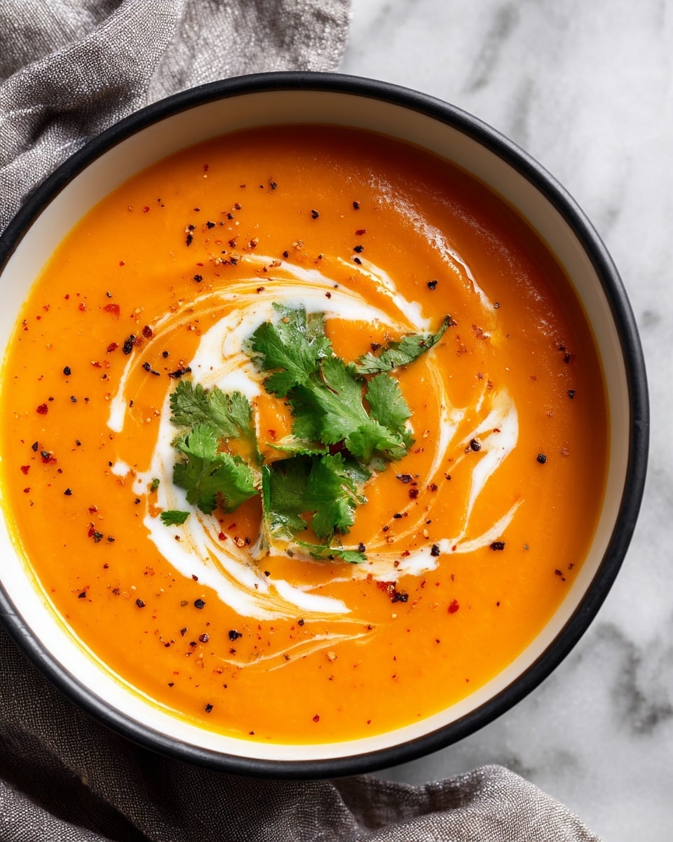 A bowl of thick yellow soup is shown from above, filled almost to the top in a white bowl with a dark rim. The soup is smooth and creamy, topped with a swirl of white cream that curves across the surface. On one side, fresh green cilantro leaves are placed in a small pile, adding a pop of color. Small black spice flakes are sprinkled lightly over the soup around the cream and cilantro. The bowl is set on a white marbled surface with part of a gray cloth visible to the left. photo taken with an iphone --ar 4:5 --v 7
