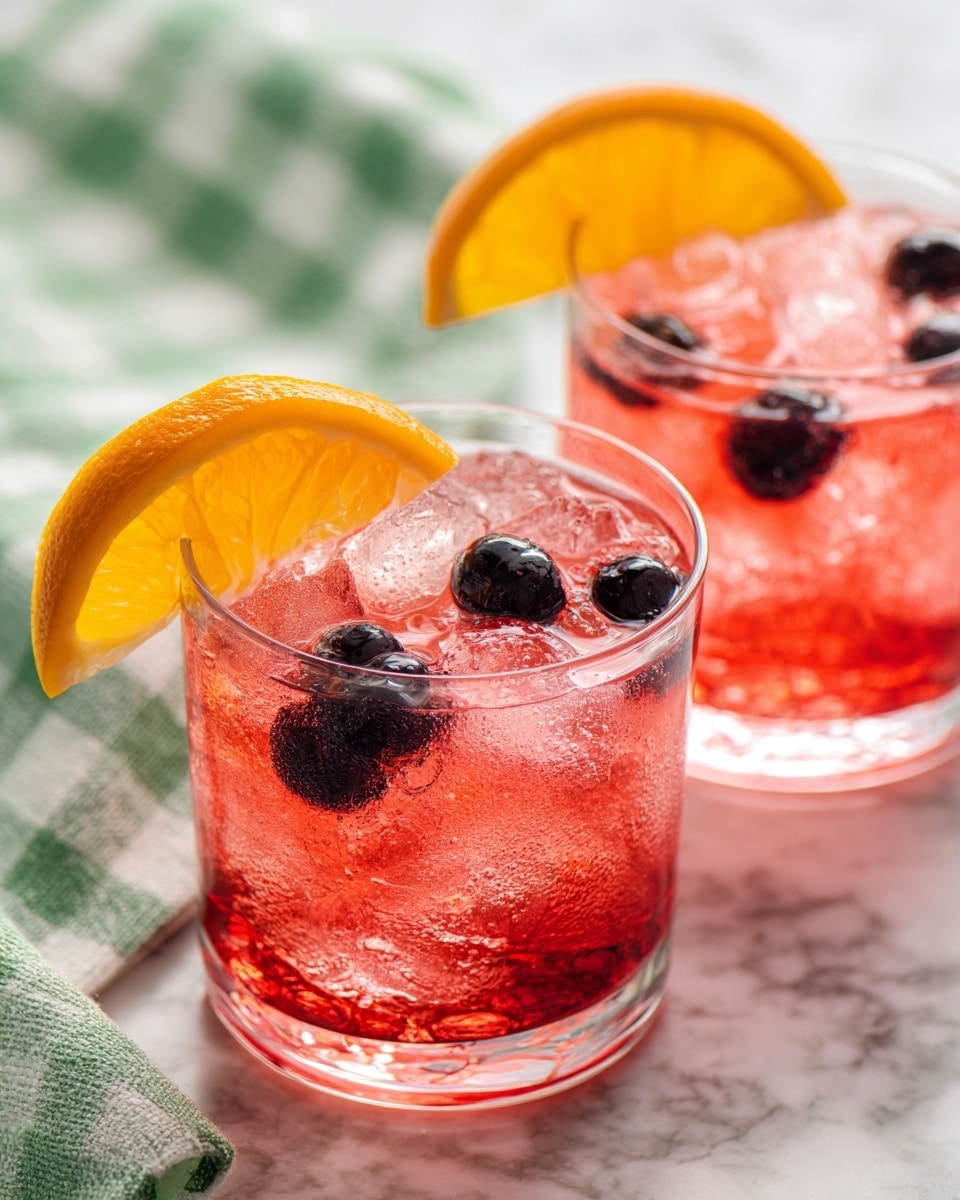 Two short clear glasses are filled with a pinkish-red drink and ice cubes. Each glass has a bright orange slice on the rim, slightly angled outward. Inside the drink, there are dark berries floating, including blackberries and blueberries. The glasses are placed on a wooden board with a green and white checkered cloth casually draped in the background on a white marbled surface. Photo taken with an iphone --ar 4:5 --v 7