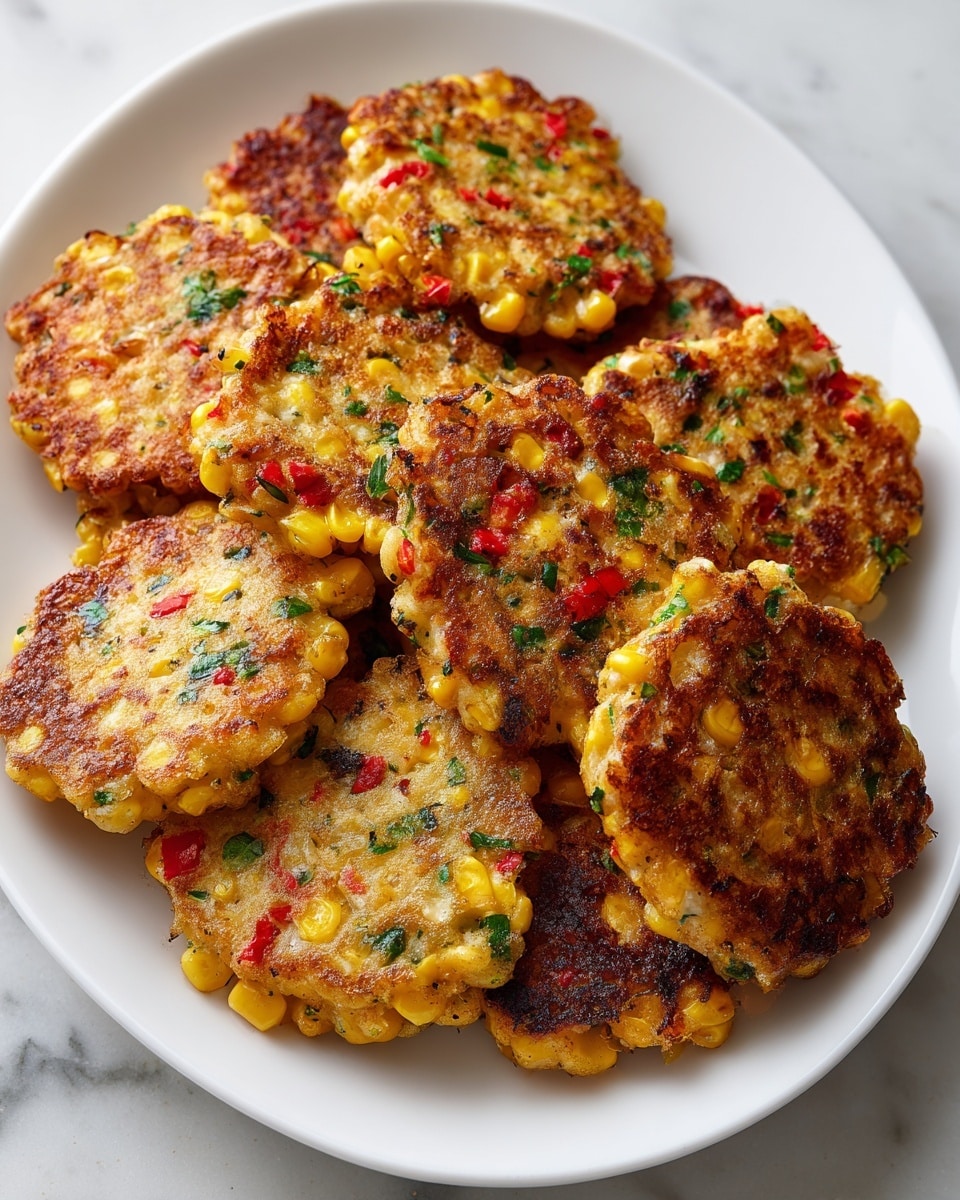 A white oval plate holds a stack of small, round corn fritters with a golden brown color and crispy edges. Each fritter shows bright yellow corn kernels mixed with bits of green herbs, creating a colorful, textured surface. The fritters are piled casually, some overlapping, giving a sense of a freshly served snack. The background has a white marbled texture that softly contrasts with the warm tones of the fritters. photo taken with an iphone --ar 4:5 --v 7