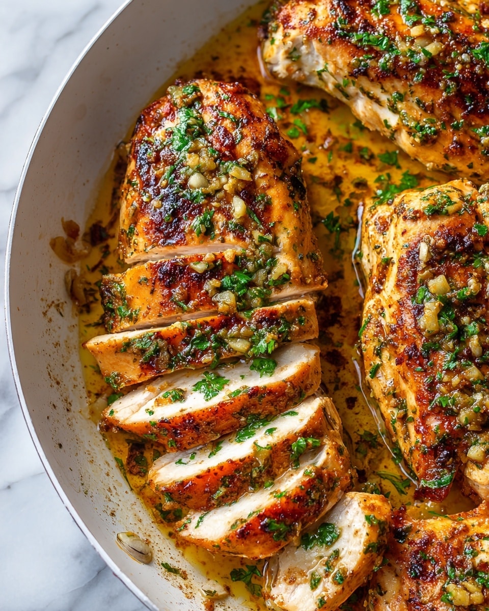 The image shows sliced cooked chicken breasts arranged inside a pan. Each piece is a golden brown color with a shiny, glossy texture from the sauce covering them. The sauce is oily and has small herbs scattered throughout, adding green specks on top of the chicken. The pan has visible cooked bits and oil pooling around the chicken, giving it a rich, flavorful look. The white marbled surface is faintly seen behind the pan, emphasizing the warm colors of the food. photo taken with an iphone --ar 4:5 --v 7