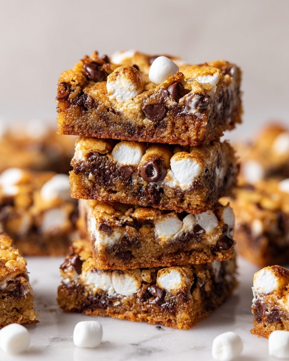 A stack of five square blondie bars is in the center, each bar showing a light brown dough base filled with white mini marshmallows and dark chocolate chips inside and on top. The bars have a soft, slightly crumbly texture with marshmallows peeking through the sides and tops, creating a contrast of white and dark brown spots against the tan dough. Around the stack, more similar blondie squares lie flat on a white marbled surface, giving a cozy and tasty look. photo taken with an iphone --ar 4:5 --v 7