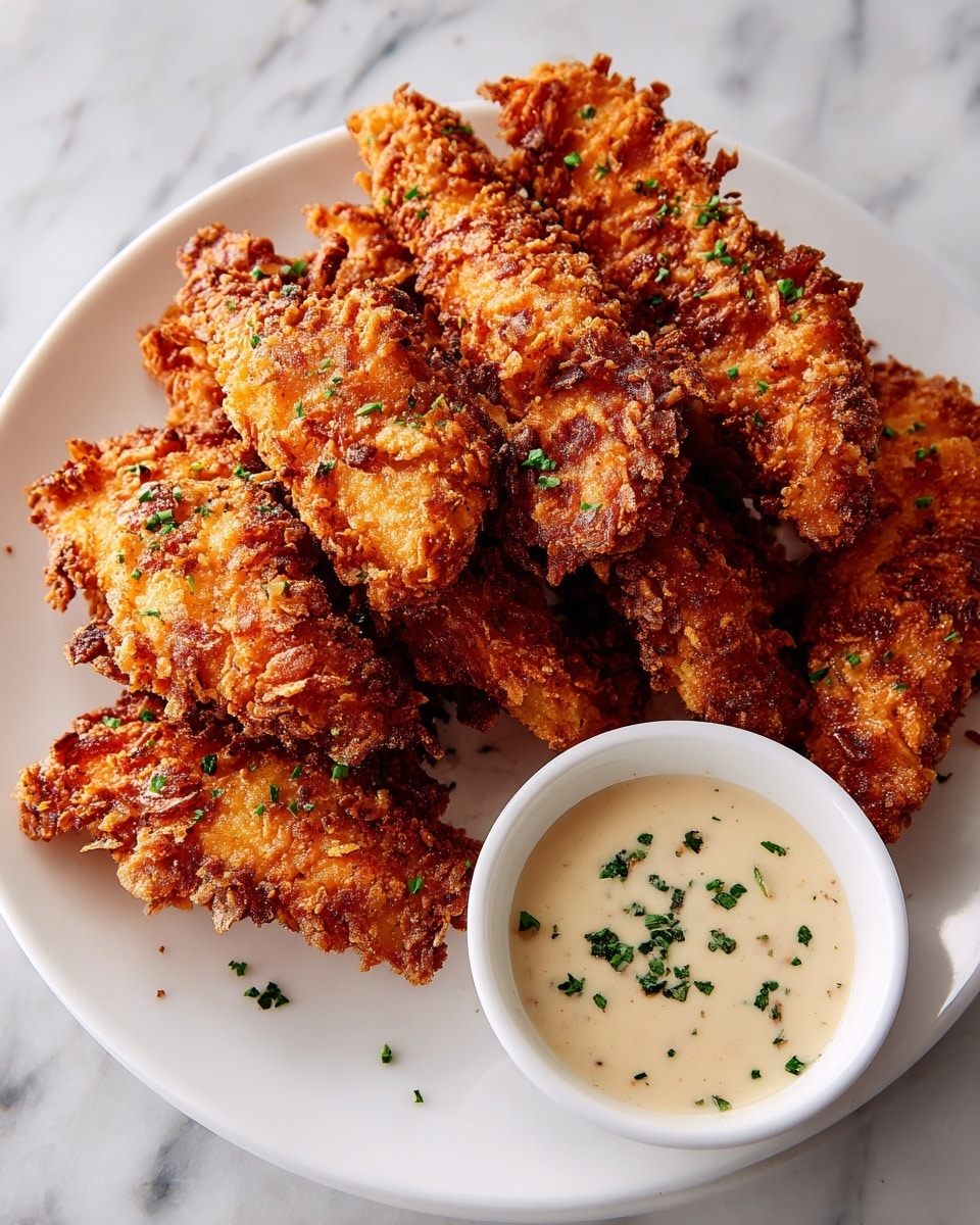 A white plate is filled with about eight pieces of golden-brown, crispy fried chicken tenders arranged in a slightly overlapping manner, showing their rough and crunchy texture with light seasoning visible on the surface. On the right side of the plate, there is a small white bowl with creamy, thick dipping sauce garnished with green herbs. The dish sits on a white marbled surface, giving a clean and bright background. The lighting highlights the crispiness and color of the chicken tenders, making them look hot and fresh. photo taken with an iphone --ar 4:5 --v 7