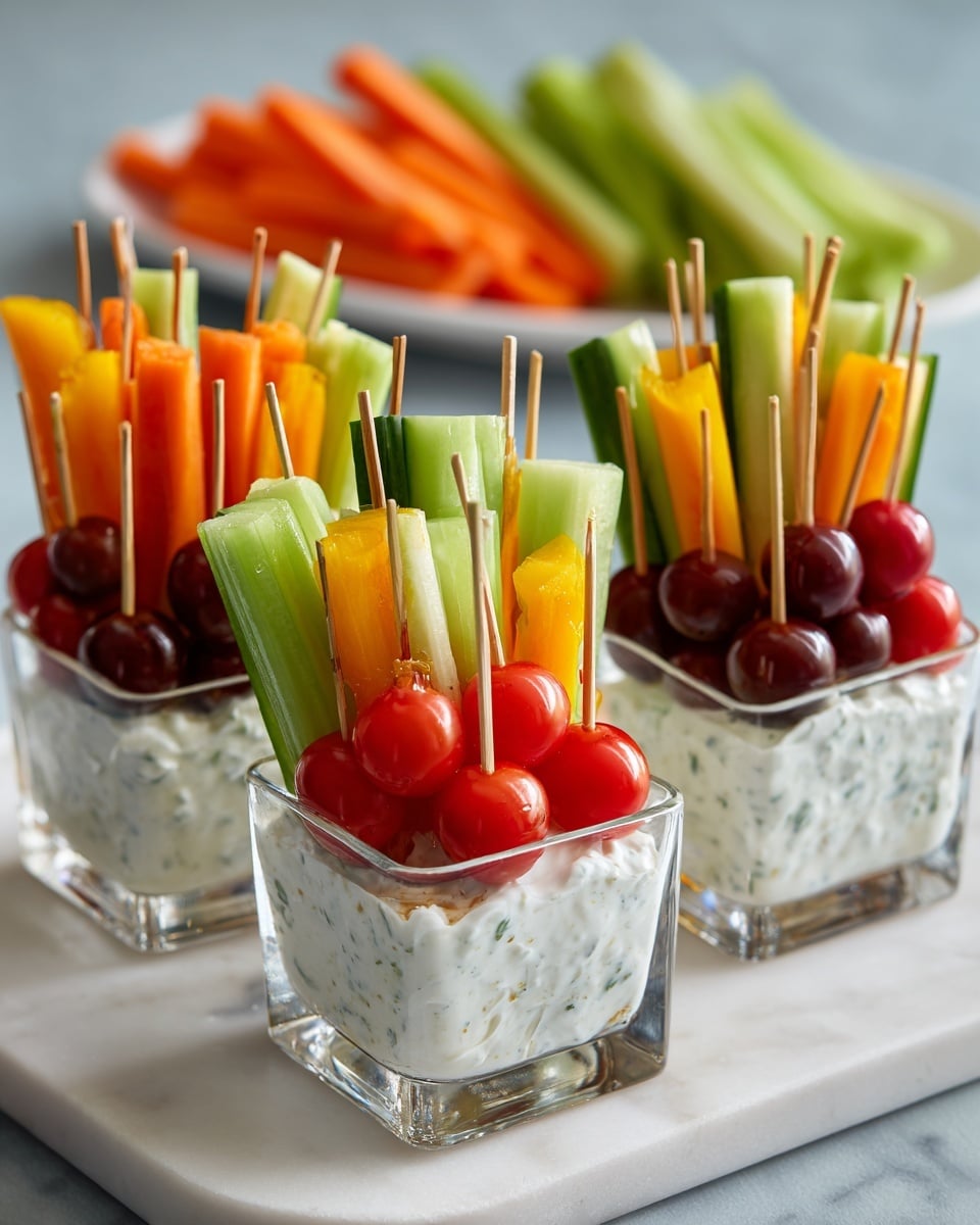 The image shows three clear square cups placed on a white marbled surface, each filled with fresh vegetable sticks and a creamy white dip at the bottom. Inside each cup, there are several colorful vegetable layers, including bright orange carrot sticks, green celery and cucumber sticks, a few dark green zucchini sticks, and vibrant red grape tomatoes, some stacked on top of each other on a short wooden skewer. The vegetables stand upright against the sides of the cups, creating a colorful contrast with the creamy dip below. In the background, more cut vegetables lie on a white marbled board, slightly out of focus. photo taken with an iphone --ar 4:5 --v 7