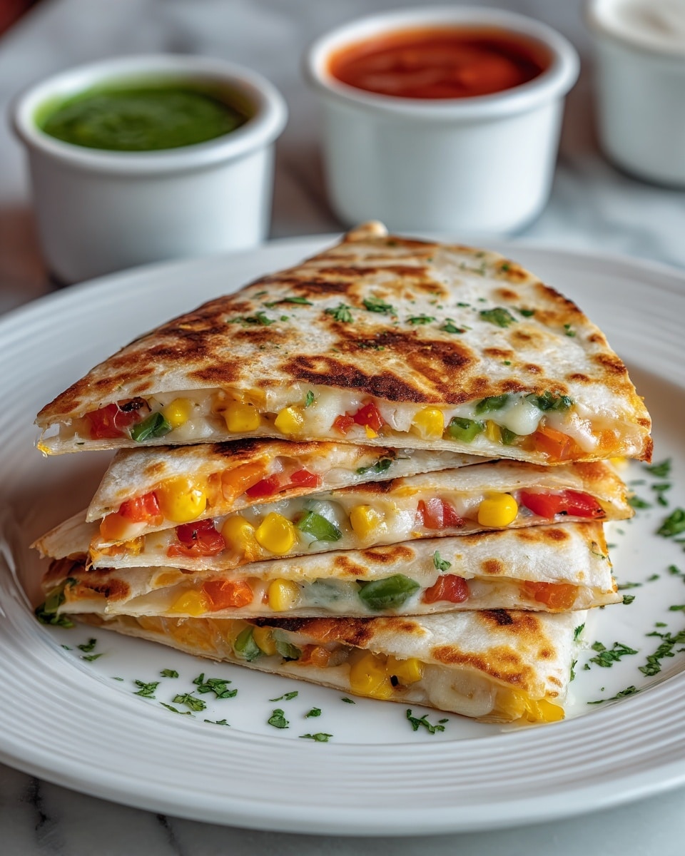 A stack of four triangular quesadilla pieces sits on a white plate with a brown rim. Each quesadilla shows a toasted light golden-brown outer layer with a slightly crisp texture. Inside, layers of melted cheese create a creamy white contrast, mixed with colorful diced red tomatoes, bright yellow corn, and green jalapeño peppers, along with small flecks of green herbs for garnish. The quesadilla triangles are arranged in a neat, overlapping pile. The scene rests on a white marbled surface, with two white bowls in the blurred background, one filled with a red chunky salsa and the other with a green sauce. photo taken with an iphone --ar 4:5 --v 7