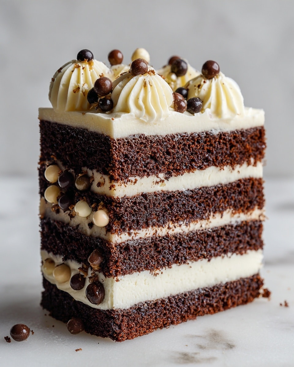 A close-up view shows a three-layer dark chocolate cake with rich, moist texture, each separated by a thick layer of smooth, white cream frosting. The top of the cake is decorated with large, creamy white swirls of frosting, accented by small round chocolate beads in dark and light brown colors. The background is a white marbled texture. photo taken with an iphone --ar 4:5 --v 7