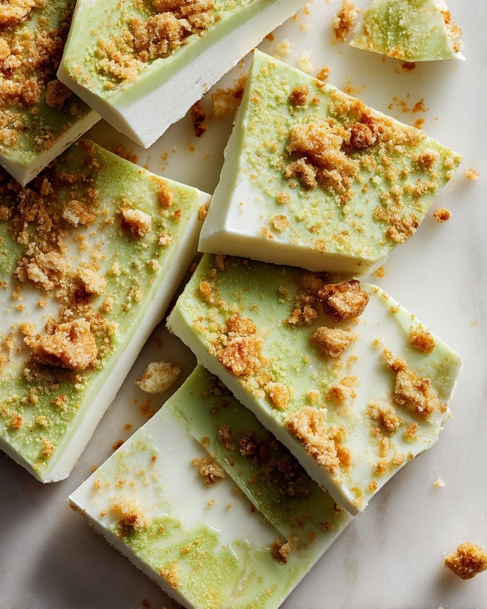 The image shows a close-up of broken pieces of a dessert on a white plate. The dessert has three layers: the bottom layer is a rough, brown cookie-like crust, the middle layer is a smooth white cream, and the top layer is a bright green, glossy, slightly textured candy or chocolate. Crushed crumbs are sprinkled unevenly on top. The plate is set on a white marbled surface. Photo taken with an iphone --ar 4:5 --v 7