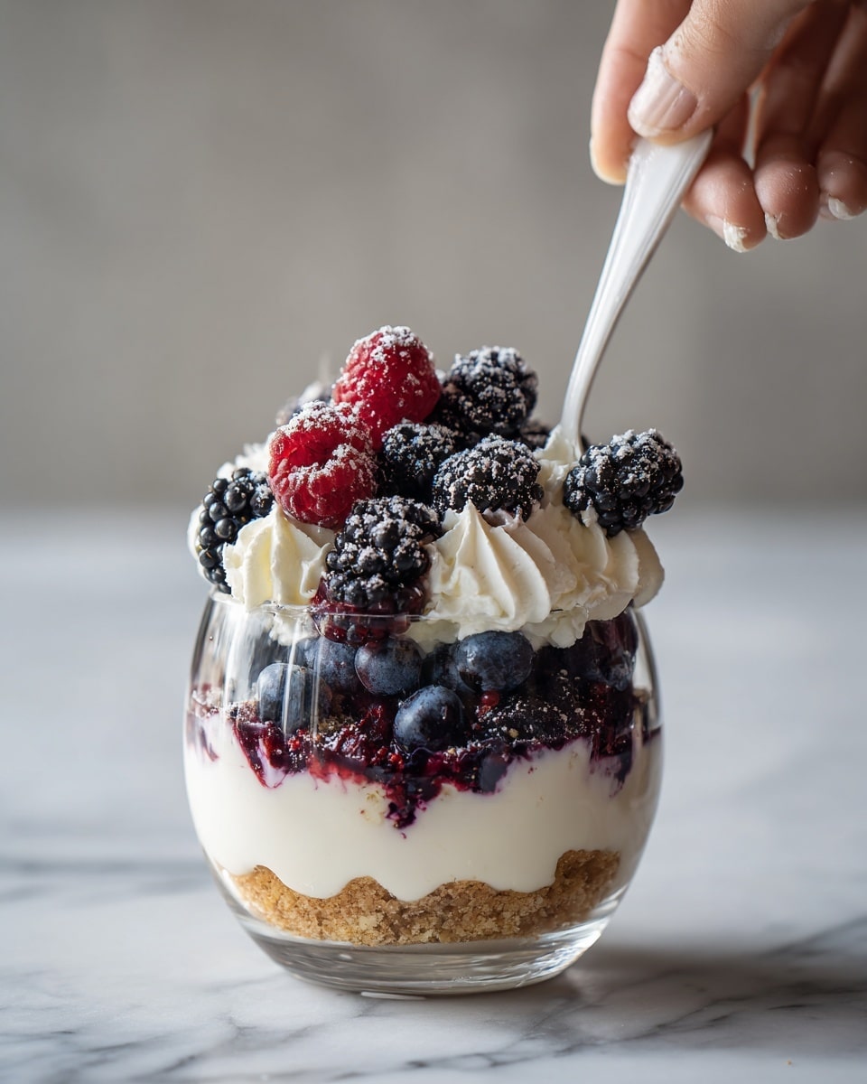 A clear glass bowl holds a layered dessert with four visible layers: the bottom layer is a light brown crumbly crust; above it is a thick, smooth white cream layer mixed with swirls of dark purple berry sauce; next is a layer of whole fresh berries in dark purple and red shades; the top layer is a fluffy white cream with dollops of whipped cream, garnished with fresh red raspberries, dark purple blackberries, and crunchy golden-brown nut clusters. The bowl sits on a white marbled texture surface. Photo taken with an iphone --ar 4:5 --v 7