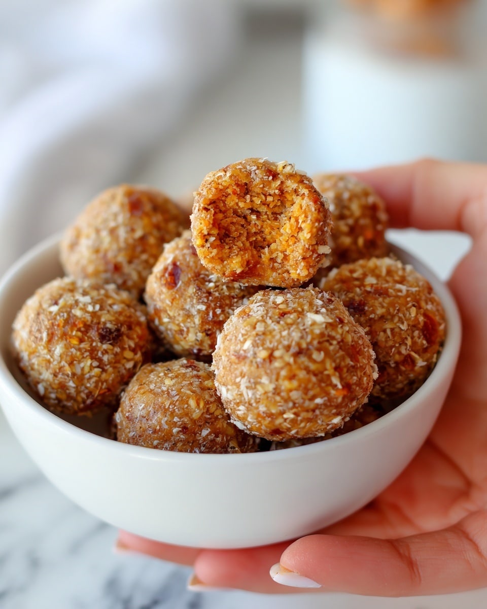 A close-up image shows a small pile of round energy balls stacked inside a white bowl. Each ball is brown with visible pieces of oats and seeds spread throughout its slightly sticky surface, giving a textured look. One ball is cut in half, showing a moist and dense inside with bits of orange fruit and seeds. The bowl is placed on a white marbled surface with a blurred light background. A woman's hand is seen lightly touching the bowl. photo taken with an iphone --ar 4:5 --v 7
